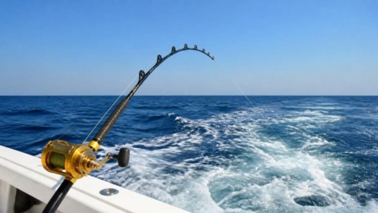 Deep sea fishing rod bent on a boat in the Arabian Gulf