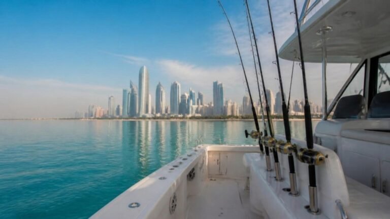 Fishing boat with rods and the Abu Dhabi skyline